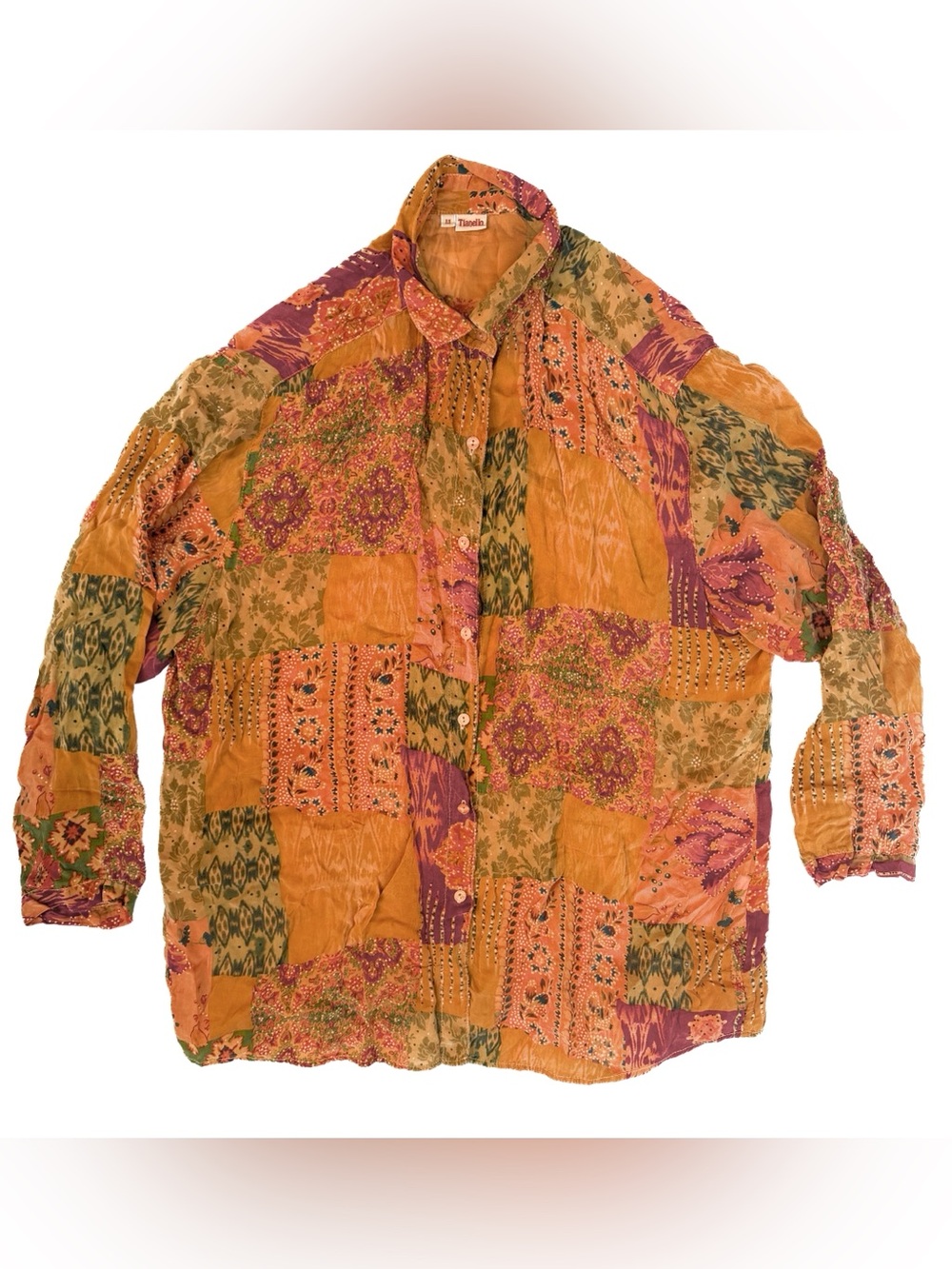 Vintage Tianello Christiana Patchwork Blouse Rayon Made in USA Boho 90s Y2K Top